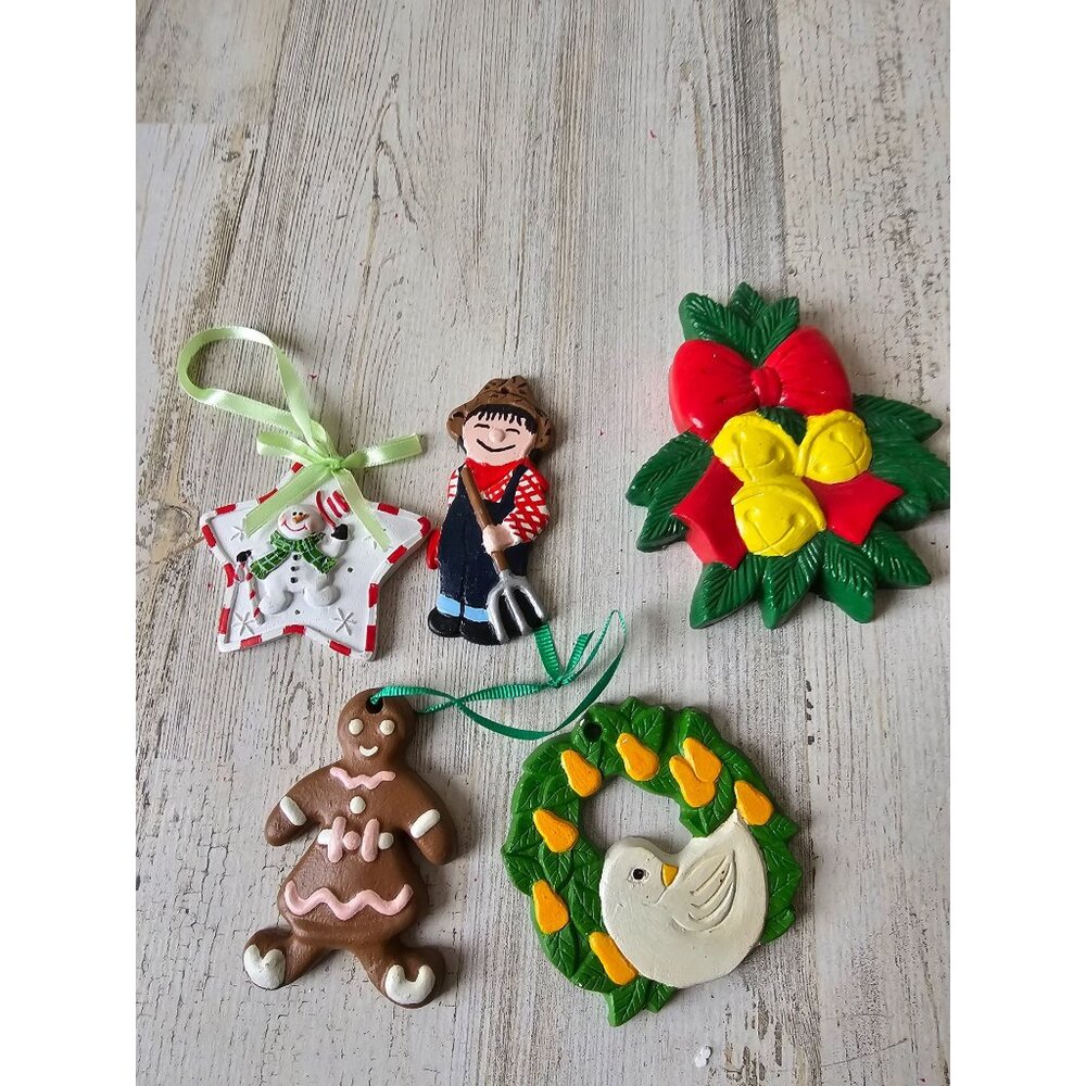 Vintage ceramic partridge pear snowman star Farmer gingerbread‎ ornament set